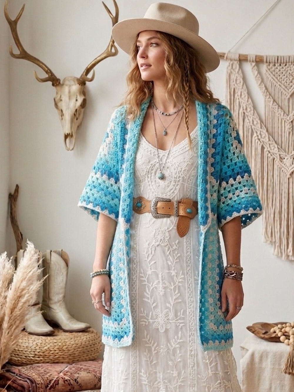 Hand-Crocheted Open Front Cardigan Sweater - Turquoise & Cream - Picture 10 of 10